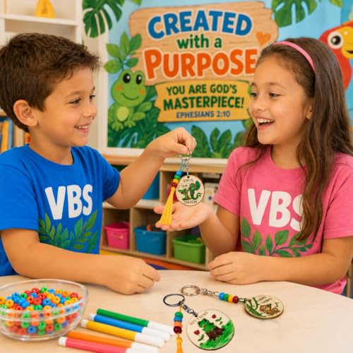 Cinrobiye 24 Pcs Rainforest Animal Wooden Keychain Craft Kit, DIY Wood Keychain Blanks to Paint with Beads Tassels, Jungle Animal Activity Set for VBS, Sunday School, Church Classroom, Camps, Parties - style: Rainforest