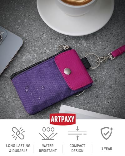 Artpaxy Minimalist Wallet For Mens Womens, Keychain RFID Blocking Zipper Small Wallet with ID Window 2 Lanyards,Water Resistant Travel Cash Card Coin Case Boys Girls - color: Dark purple+Dark pink
