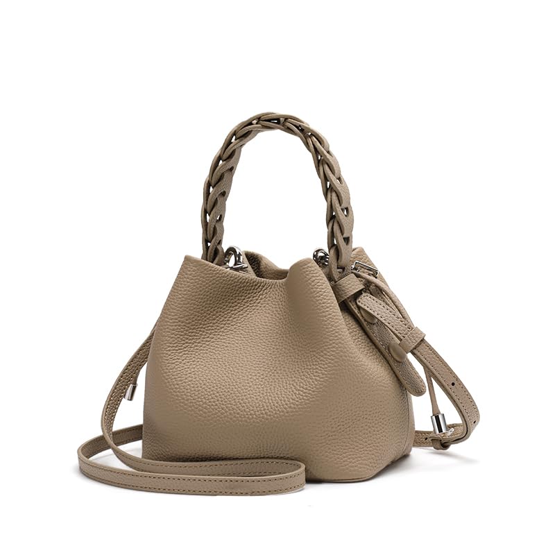 Genuine leather cowhide women's handbag, mini mobile phone cosmetic bucket shoulder/crossbody bag. - color: Khaki