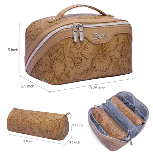 BOYATU Travel Makeup Bags Cosmetic Organizer Bag: 3-Set Make up Bag | Large Capacity PU Leather Toiletry Bags for Women - Wide Open Portable Pouch with Divider & Handle(01Brown) - color: 01-Z-Brown