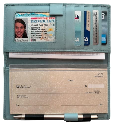 RFID Leather Checkbook Cover With Credit Card Slots and Pen Holder - color: Chambray
