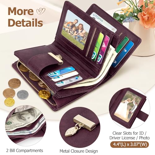 HUANLANG Small Wallets Women RFID Blocking Ladies Wallet with Zipper | Women’s Wallet Credit Card Holder, Leather, ID Window, Zipper Coin Pocket, Bifold, Perfect Gifts, Fits Small Purses, Travel - color: Dark Purple