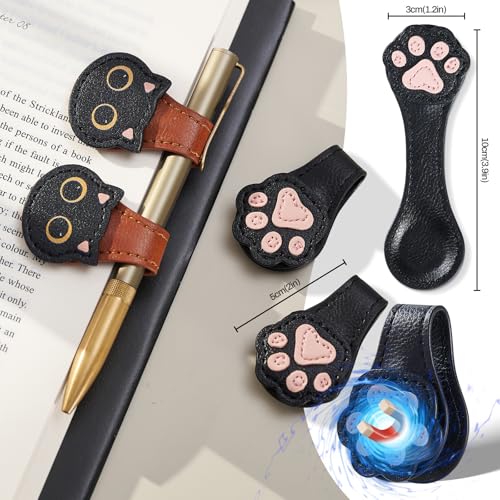 Ovesmusl 2Pcs PU Leather Paw Magnetic Bookmarks with Pen Holder | Black and black set with double-sided magnets, gift box included, for books, notebooks, magazines, readers and teachers - style: Paw (Black+Black)
