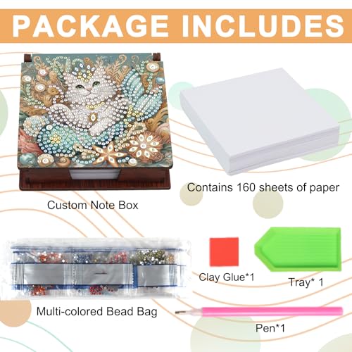 JISHSHAY Diamond Painting Note Box Cat Diamond Art Notecard Box Animal Gem Art Sticky Note Holder Gem Painting Mosaic Kits for Adults Embroidery Kit Memo Pad Holder, Contains 160 Sheets of Paper - color: Cat 1