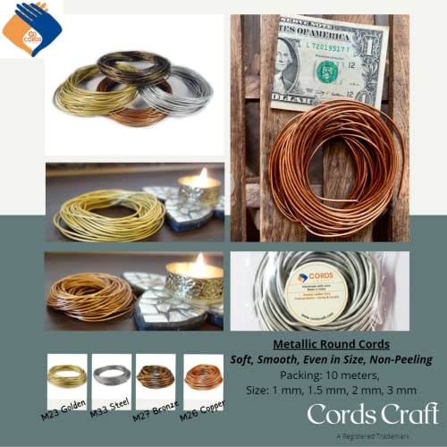 Round Leather Cord 1mm Metallic for Necklace, Making Jewelry, Bracelet, DIY Project, Beading and Bradiing Work, (Metallic Grey) Coil of 10 Meters - color: Gray