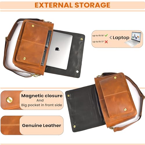 Genuine Leather Messenger Bag - Crossbody Briefcase Satchel Bag for Men & Women - Office, Work, Travel & Daily Use - color: Tan (Strap)