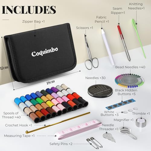 Coquimbo Sewing Kit Christmas Gifts for Grandma, Mom, Traveler, Adults, Beginner, Emergency, DIY Sewing Supplies Organizer Filled with Scissors, Thread, Sewing Needles, Tape Measure etc (Black, L) - color: Black, size: L