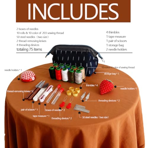 Vilenga 75 Pcs Sewing Tool Set, 3000 Yard | Big eye steel needles, 10 thread rolls, strawberry pin cushion, denim hand repair for beginner portable travel craft