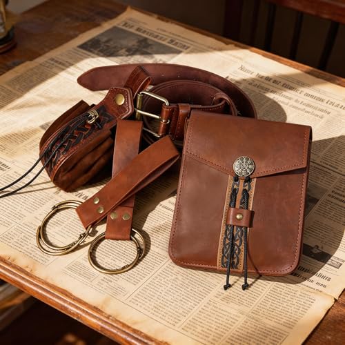 Renaissance Belt Pouch Medieval Pirate Costume Accessories Set for Cosplay | Viking Faux Leather Waist Bag, Skirt Hike Clips, Perfect for Women and Men Ren Faire, LARP, Fantasy, Halloween - color: Brown-C