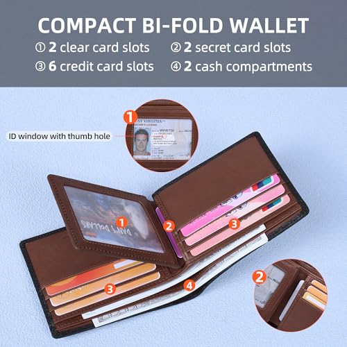 VISOUL Leather Mens Bifold RFID Blocking Wallet with 2 ID Windows, Leather Wallet for Men (Carbon Fiber, Black+Brown) - color: Black+Brown