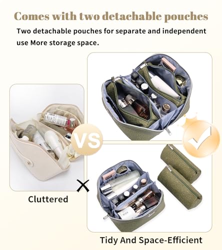 BOYATU Travel Makeup Bags Cosmetic Organizer Bag: 3 Pcs Set Large Capacity Make up Bag with Compartments - Waterproof Leather Toiletry Bags with Handle for Women (A-Green) - color: A-Green