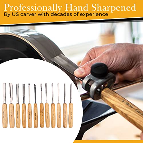 Schaaf Wood Carving Tools 12-pc Wood Chisel Set with Gouges, Hand Sharpened | Professionally sharpened carving chisels for beginners, sculpture and relief carving, ergonomic handles, tutorials included - color: Professionally Sharpened 12 Piece Set