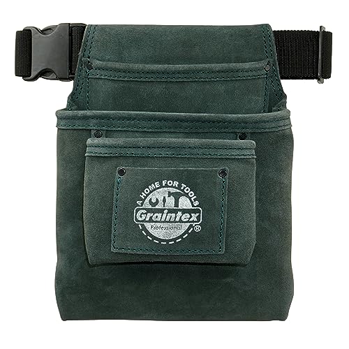 Graintex SS2493 :: 3 Pocket Nail & Tool Pouch Hunter Green Color Suede Leather with 2” Webbing Belt for Constructors, Electricians, Plumbers, Handymen