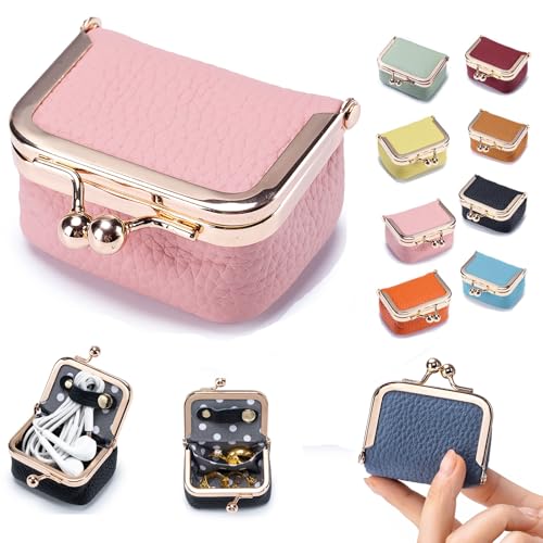 Genuine Leather Mini Jewelry Box & Coin Purse for Women, Travel Jewelry Case with Kiss Lock, Holds Earrings, Rings, Necklace, Bracelet, Coins (Pink) - color: Pink - 2.5in
