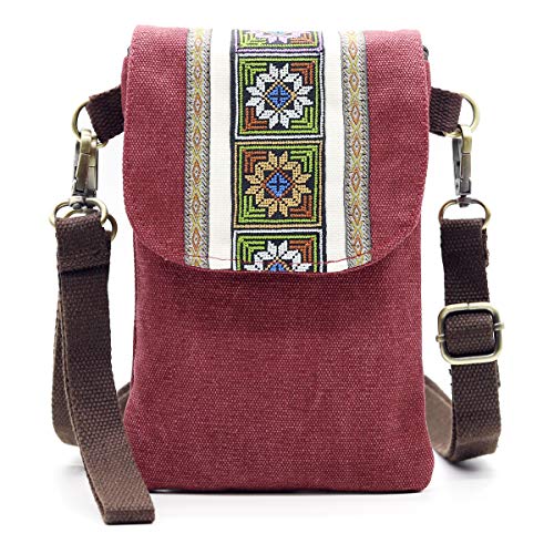 SILKAREA Vintage Embroidered Canvas Flip Small Crossbody Bag Cell Phone Pouch for Women Wristlet Wallet Bag Coin Purse - color: Wine Red
