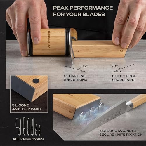 Stonka Oak Rolling Knife Sharpener Kit – Natural Wood, Diamond Wheels, Magnetic Angle Guide 15° & 20°, Leather Strop – Giftable Packaging - color: Oak