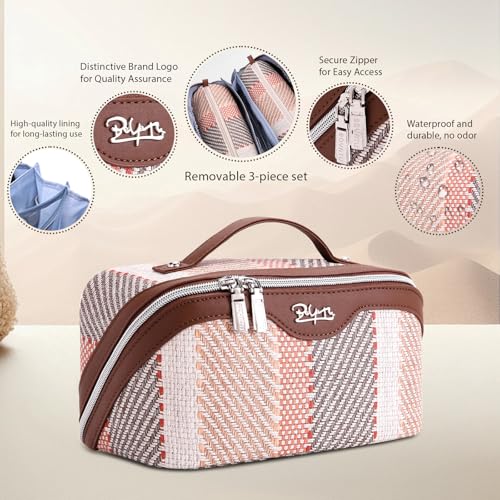 BOYATU Makeup Bag, Makeup Organizer, Toiletry Travel Bag for Women - Coffee | 3 Pcs Vegan Leather Cosmetic Bag with Compartments - 180° Open-Flat Makeup Organizer - Waterproof Large Capacity Toiletry Bag - color: C-5-Coffee