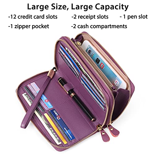 SENDEFN Leather Women Wallet RFID Blocking Zipper Around Phone Holder Clutch Wristlet Large Capacity - color: Purple