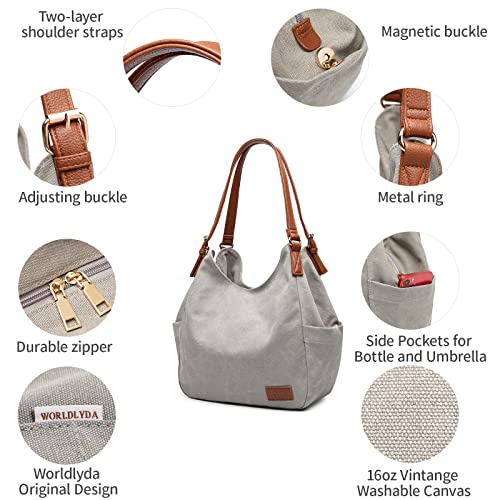 Worldlyda Women Canvas Hobo Purse Multi Pocket Tote Shopper Shoulder Bag Casual Top Handle handbag with Embroidery Ethnic - color: Be06grey