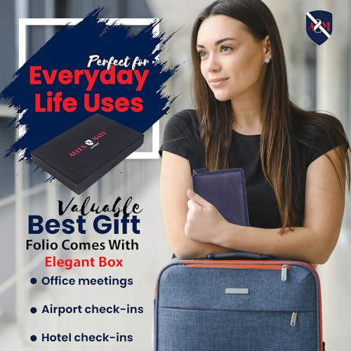 ALLEN & MATE Genuine Leather Passport Holder for Travel, RFID Blocking Travel Wallet Fits 2 Passports and 12 Cards, Zippered Document Organizer with SIM Slot and Pen Loop for Men and Women - color: Navy Blue