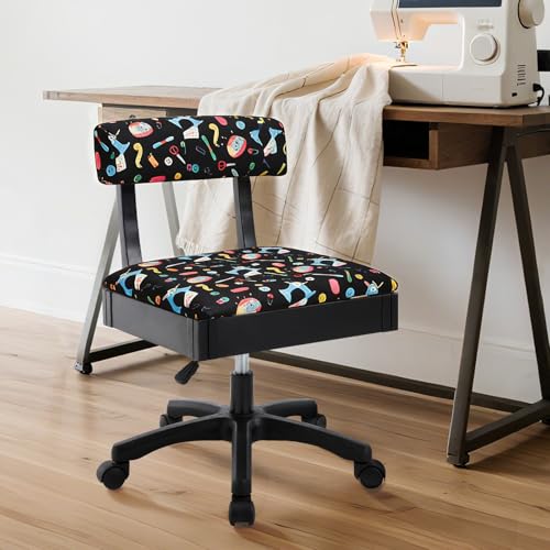 Lessmore Adjustable Height Sewing and Crafting Chair with Wheels, Back Support, and Under Seat Storage - Perfect for Your Craft Room Furniture and Craft Machines (Pattern-Blue) - color: Pattern-Blue