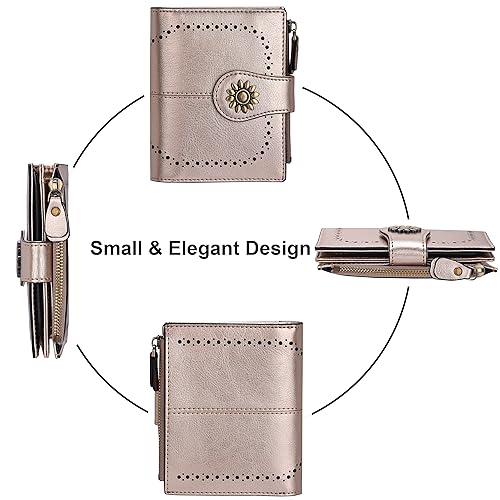 Womens Leather Wallet Small Compact RFID Blocking Credit Card Case Purse with Zipper Pocket | Small - color: Champagne Gold