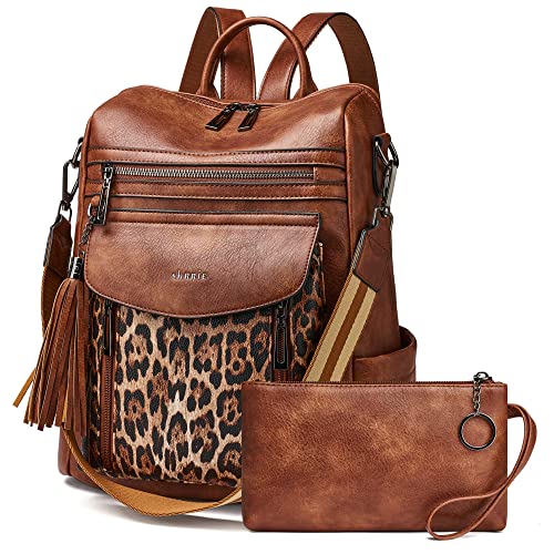 Backpack Purse for Women Fashion Leather Backpack Purse Designer Travel Backpack Convertible Shoulder Bag with Wristlet - color: 1-9 Brown With Leopard