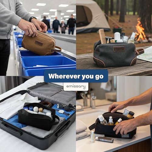 emissary Men's Toiletry Bag, Leather and Canvas Travel Toiletry Bag, Dopp Kit for Men, Travel Bathroom Bag Men's Shaving Kit, Travel Kit Small Bags for Men, Shaving Bag for Travel Accessories (Blue) | Durable canvas & PU leather, water-resistant lining, s