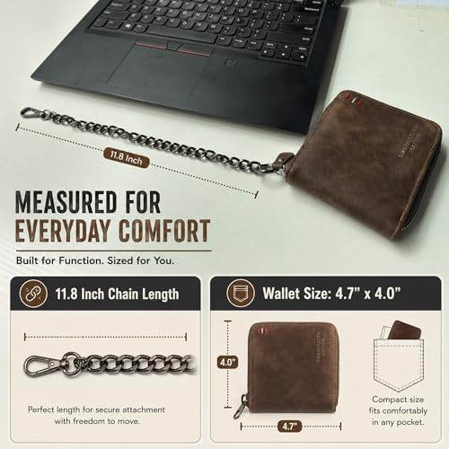 Men Leather Wallet With Zipper Chain Attached, Card Holder + Coin Pocket | Coffee Brown Mens Front Pocket With 11.8" Anti-Theft Chain, 9 Card Slots, 2 Clear ID Window, Coin Pocket and Gift Box Pack - size: Chain Wallet
