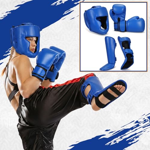 Arrowbash 5 Pcs Boxing Guards Set for Kids with Sparring Headgear, 6oz Boxing Gloves and Leg Shin Guards Wrestling Headgear for Youths Teens Boys Girls Kickboxing Karate Muay Thai BJJ Training - color: Blue