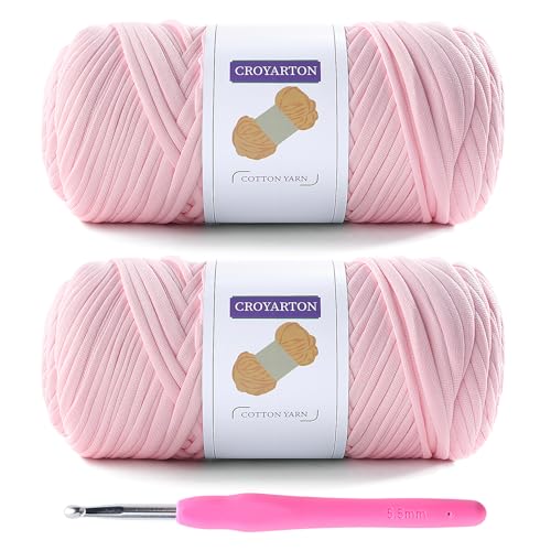2 Pack T Shirt Yarn for Crocheting with 1 Crochet Hook, Elastic Tshirt Yarn for Crochet Bag/Baskets/Home Decor, Spaghetti Yarn Thick Knitting Yarn Total Length 130 Yds (Cherry Blossom Powder) - color: Cherry Blossom Powder
