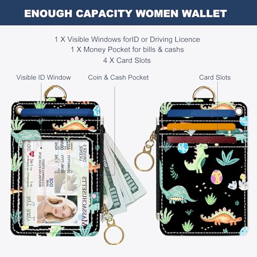 Slim Wallet Credit Card Holder, Dinosaurs, RFID Wallet Women Cute Small Front Pocket Wallet With Zipper, PU Leather Thin travel RFID Blocking Card Case ID Window ,Ladies Gifts - color: Dinosaurs