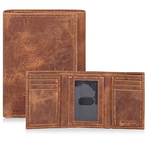 Trifold Leather Wallet for Men - RFID Slim Minimalist Front Pocket 6 Slots - color: Hunter Cognac