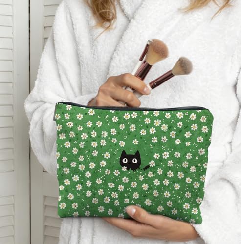 Cute Cat Green Floral Makeup Bag,Gifts for Women Cat Lovers,Cats Lover Lady Mom Grandma Gifts, Abstract Flower Kitty Kitten Zipper Makeup Pouch,Spring Holiday Toiletry Bag - color: Cute Cat Green