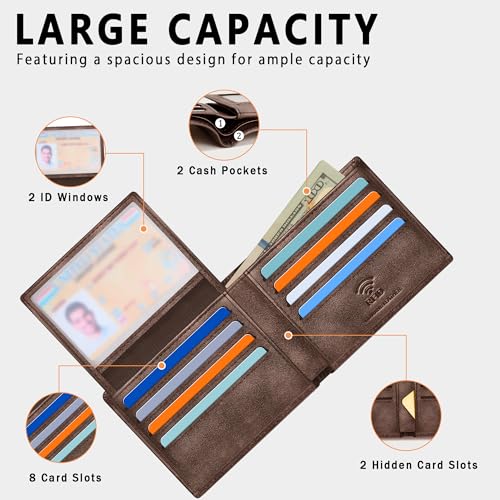 Travelambo Genuine Leather Wallet for Men with Gift Box - Handmade Bifold Stylish - Mens Wallets Rfid Blocking with 2 ID Windows - color: Pearlescent Brown