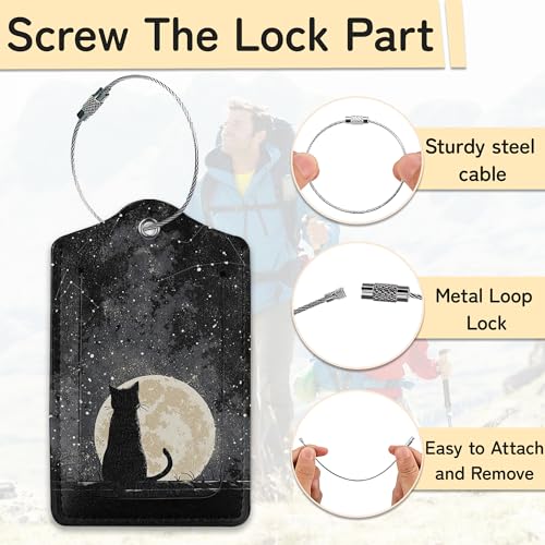 3 Pack Black Cat Luggage Tags for Suitcases, Moon Night Cute Leather Name Tag with Privacy Cover with Stainless Steel Loops, Travel ID Bag Tags for Women Men - color: Black Cat Moon Night