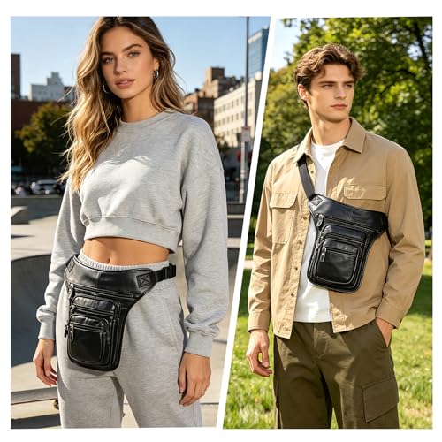 Water Resistant Canvas + Leather Motorcycle Travel Fanny Waist Pack Drop Thigh Leg Bag Pouch For Men Women FB913-5 - color: Genuine Leather-3111 Black