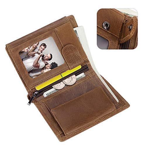 Trifold Billfold RFID Blocking Cowhide Leather Wallet for Men 10 Card Slots 2 ID Windows with Coin Pocket - color: Brown