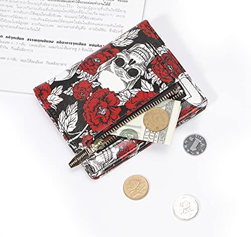 Women Wallets Small Bifold Leather Pocket Wallet Ladies Mini Short Purse - color: Rose Skull