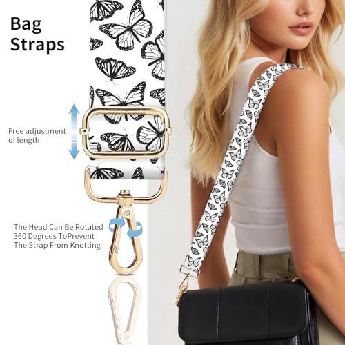 Purse Strap Replacement Crossbody 1.5" Wide Bag Strap, Adjustable Shoulder Straps for Women Handbags - color: Black White Butterfly