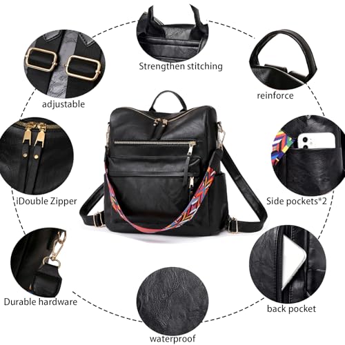 Women's Fashion Backpack Purse for Women Leather Multipurpose Design Ladies Shoulder Bag Travel bag Satchel Handbags - color: Black-p