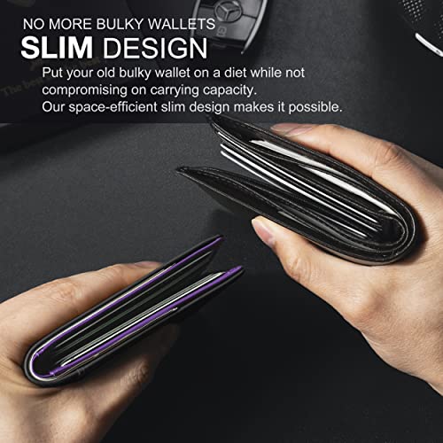 GSOIAX Slim Wallet for Men Rfid Blocking Leather Bifold Front Pocket Carbon Fiber Men's Money Clips Credit Card Holder With Gift Box - color: Carbon Black and Purple