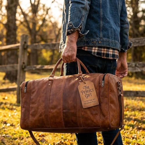 Leather Duffle Bag for Men Luggage Handmade Travel Bag Carry On Luggage Weekender Bags Overnight Gym Sports Cabin Holdall Bag For Airplanes Men And Women (21 Inch Brown) - size: 21 inch