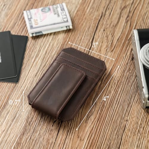 Crazy Horse Leather Money Clip Wallet with Holder Compatible with Air Tag. - color: Brown