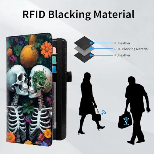 Checkbook Cover for Women and Men, RFID Blocking PU Leather Checkbook Holder Wallet Case with Elastic Strap & Multiple Card Slots, for Checks and Cards, Blossoming Skull Lovers - color: Blossoming Skull Lovers