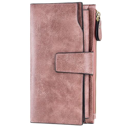 SENDEFN Women Leather Wallets RFID Blocking Clutch Card Holder Ladies Purse with Zipper Pocket - color: A-Rouge Pink