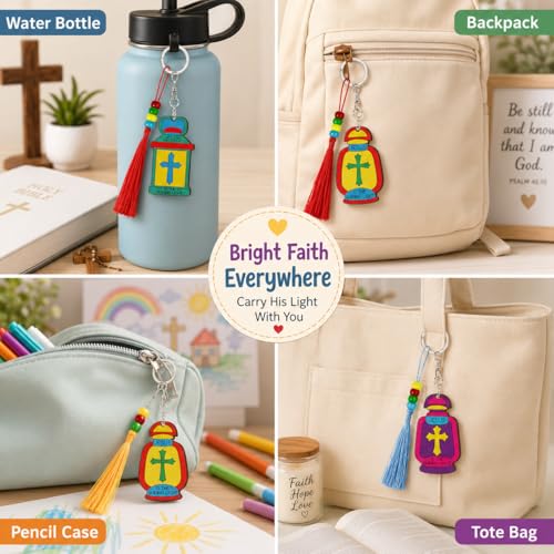 Cinrobiye 24 Set Christian Crafts Jesus Lights The Way Keychain Craft Kit Bulk DIY Bible Verse Wooden Paint Keychains with Color Pens VBS Gift for Sunday School Church Activitiy Religious Party Decors - style: Light