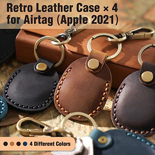 4 Pack Genuine Leather Airtag Holder - Hidden Holder Compatible with Apple AirTag 2nd & 1st Gen, Handmade Genuine Leather with Metal Rings - Full Coverage Case Gift Set - color: Black/Brown/Dark Brown/Blue