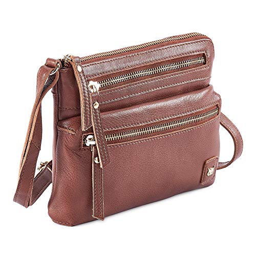 Small Leather Crossbody Bag for Women Adjustable Sling Purse Multi Pocket | Genuine Top Grain Leather, 4 Zip Pockets, Cross Over for Travel, Gift for Women, Phone Pocket - color: Tan Nappa