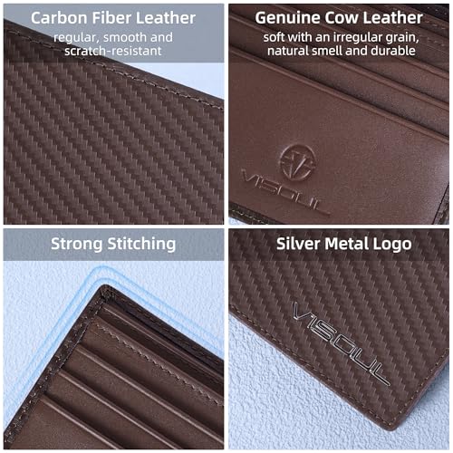 VISOUL Mens Carbon Fiber Leather Bifold Wallet with 2 ID Windows, RFID Blocking Stylish Wallet for Men with 2 Cash Compartments (Brown+Brown) - color: Brown+Brown